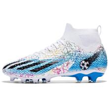 1 par de zapatos de fútbol de caña alta con puntas AG largas, antideslizantes y cómodos, estilo unisex para adultos, parejas, competencia al aire libre y zapatos de entrenamiento completos para adolescentes - Patrón de rayos Colores y ubicaciones aleatorias - Blanco - Ver 6