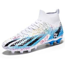1 par de zapatos de fútbol de caña alta con puntas AG largas, antideslizantes y cómodos, estilo unisex para adultos, parejas, competencia al aire libre y zapatos de entrenamiento completos para adolescentes - Patrón de rayos Colores y ubicaciones aleatorias - Blanco - Ver 7