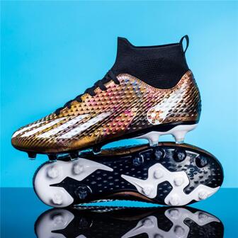 1 par de zapatos de fútbol de parte superior alta con tachuelas AG largas, zapatos deportivos antideslizantes y cómodos para adultos, adecuados para juegos al aire libre y entrenamiento integral para adolescentes y parejas: patrón de rayos, color y posición al azar