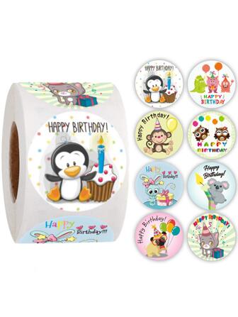 1roll/500pcs Cartoon Happy Birthday Stickers Back To School