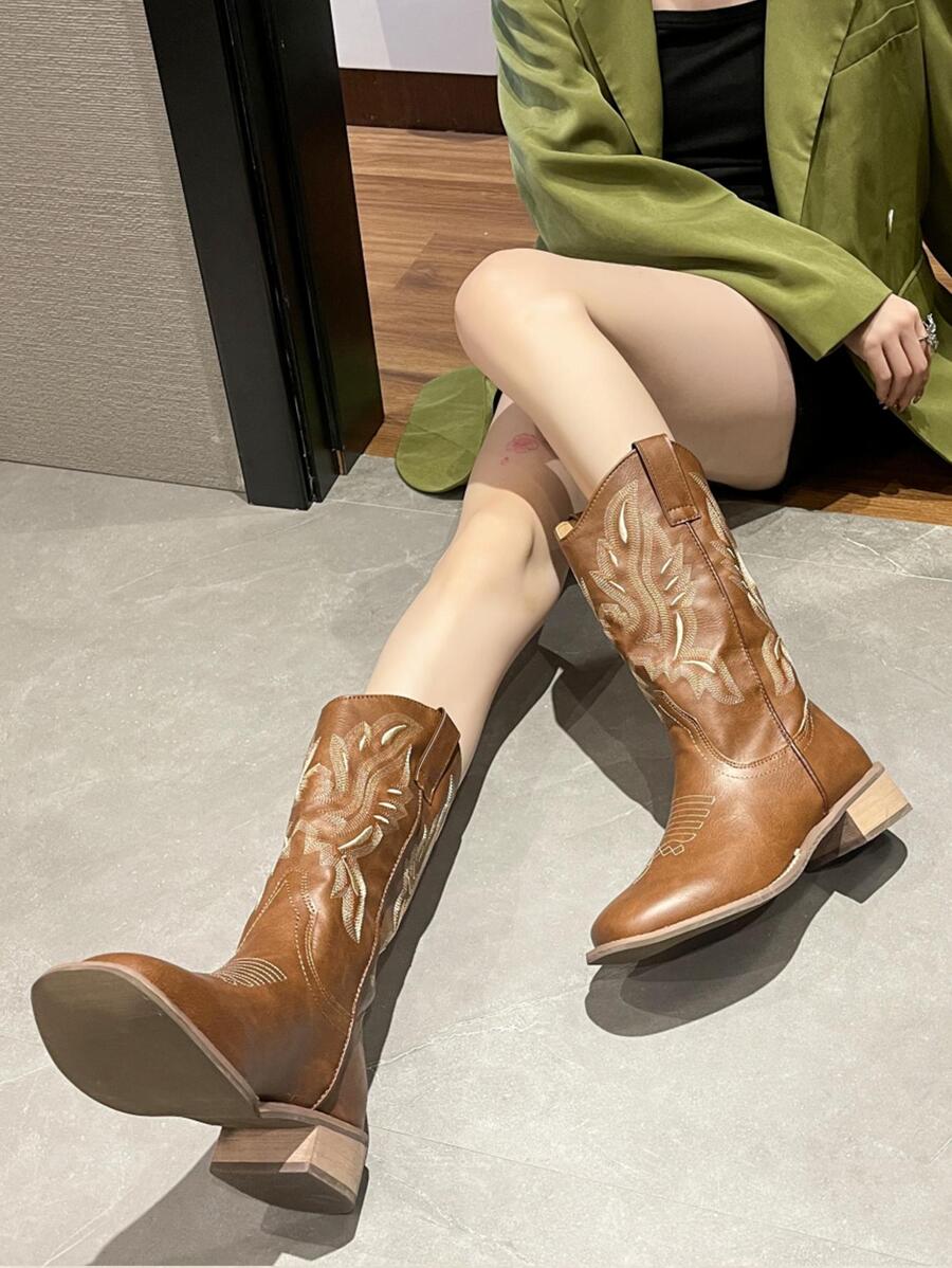 Vintage Western Cowboy Boots With Embroidery For Men - Brown - View 1