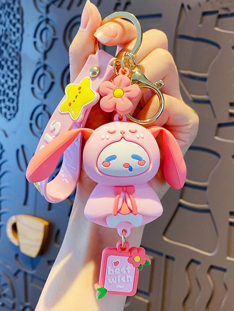 1pc Cartoon Bunny Ear Design Silicone Keychain For Women, Cute Creative Figure Couple Key Chain Backpack Pendant - Pink - View 1