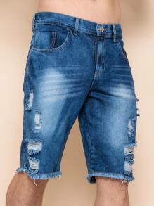Men Denim Shorts - 深色水洗藍 - 查看 2
