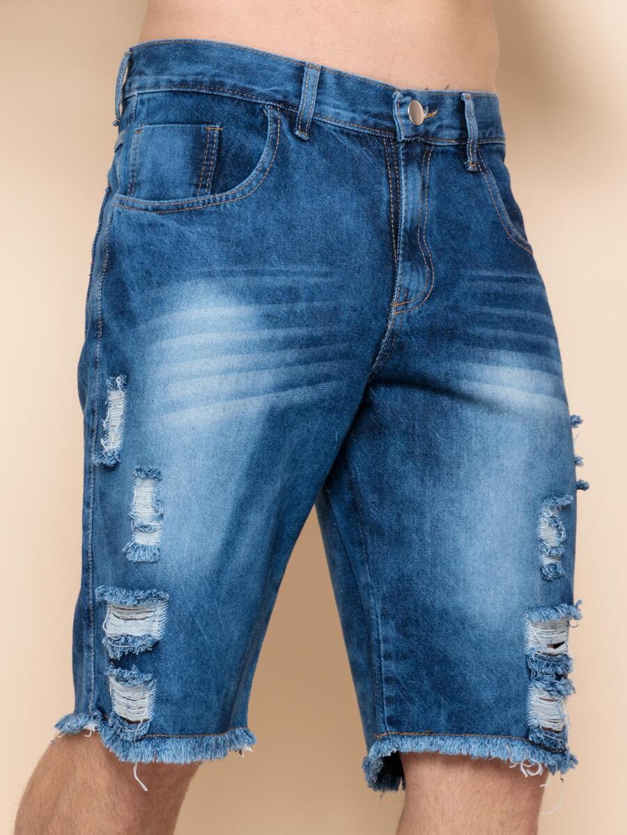 Men Denim Shorts - 深色水洗藍 - 查看 1