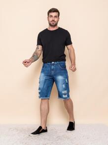 Men Denim Shorts - 深色水洗藍 - 查看 4