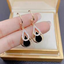 日韓時尚黑色中空雙層水滴耳環 新幾何鑲鑽石設計優雅耳環 - 金色 - 查看 2