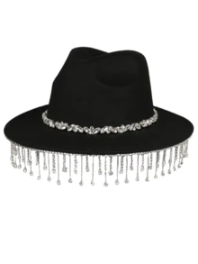 水鑽裝飾軟呢帽 - 黑色 - 查看 3