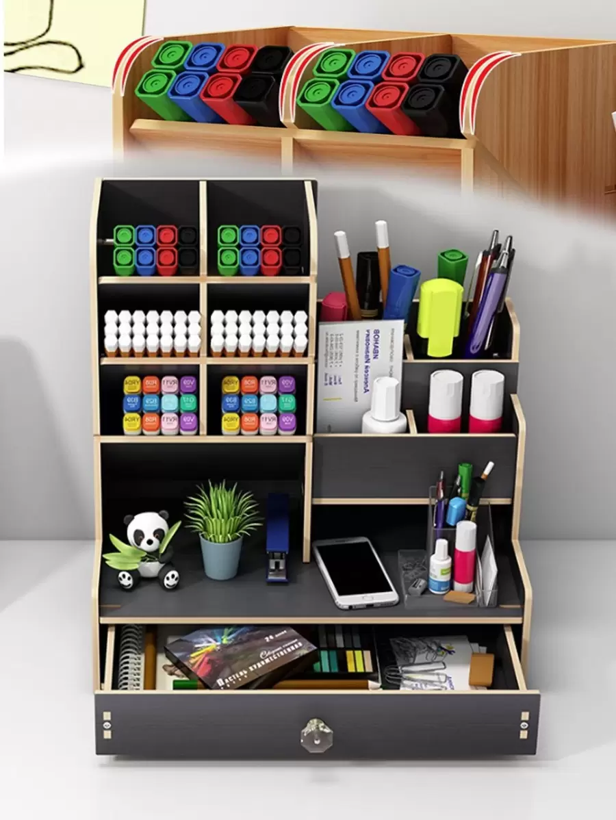 Desk Organizer With Compartments, Pens, Pencils And Drawers For All Types. Back To School - Black - View 1