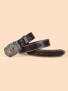 Floral Embossed Bull Head Decor Belt - Coffee Brown - View 2