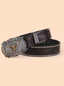 Floral Embossed Bull Head Decor Belt - Coffee Brown - View 1