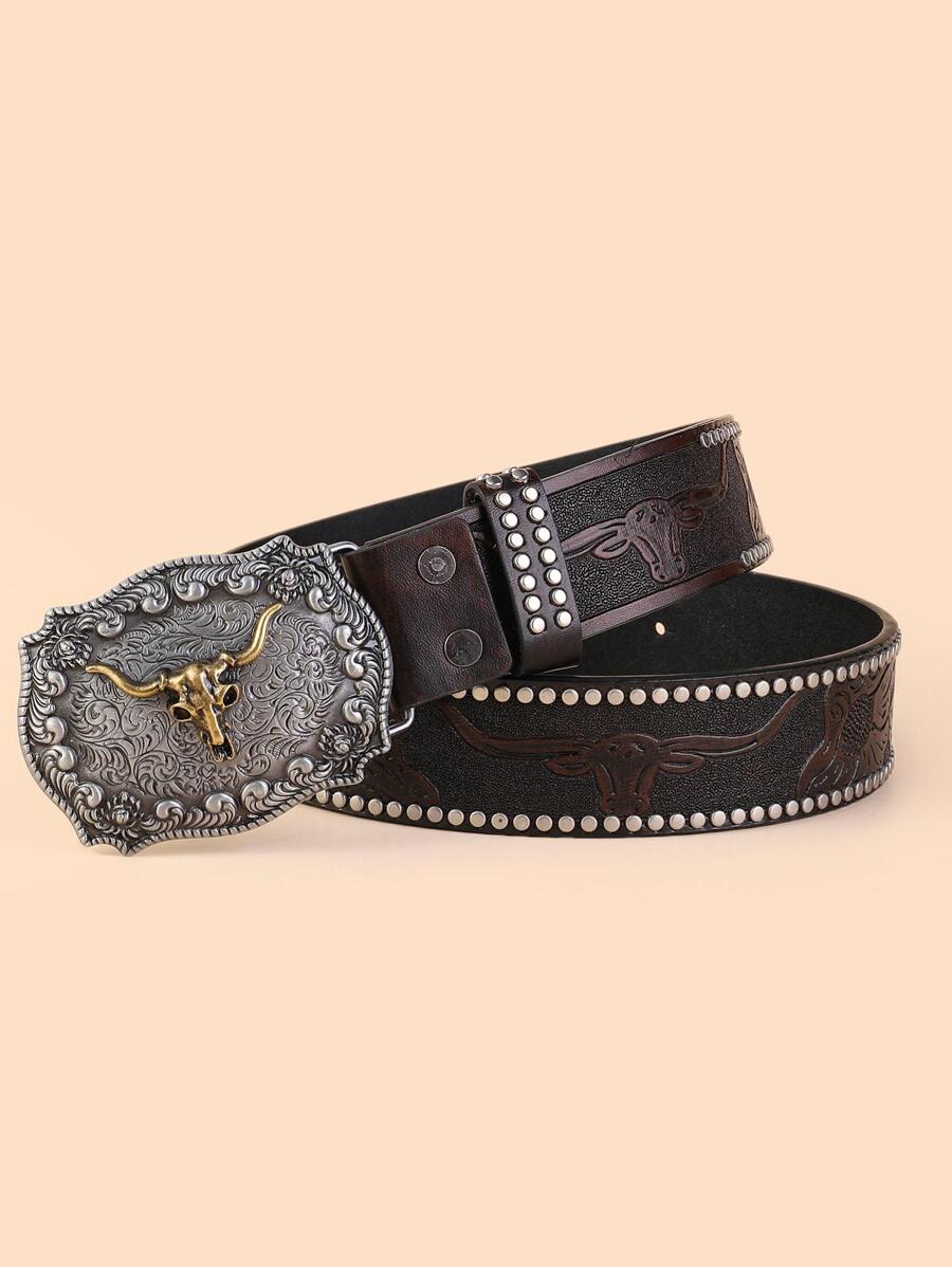 Floral Embossed Bull Head Decor Belt - Coffee Brown - View 1