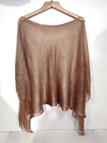 鏤空流蘇邊披肩 - 卡其色 - 查看 3