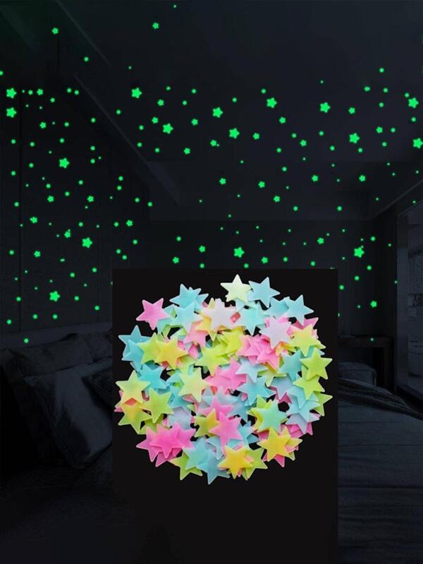 1pack/100pcs Self-Adhesive Luminous Star Stickers, 3D Wall Decoration, Glow In The Dark, Fluorescent