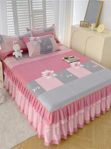Printed Pattern Double Layer Lace Edge Thickened Brushed Bed Skirt - Multicolor - View 1