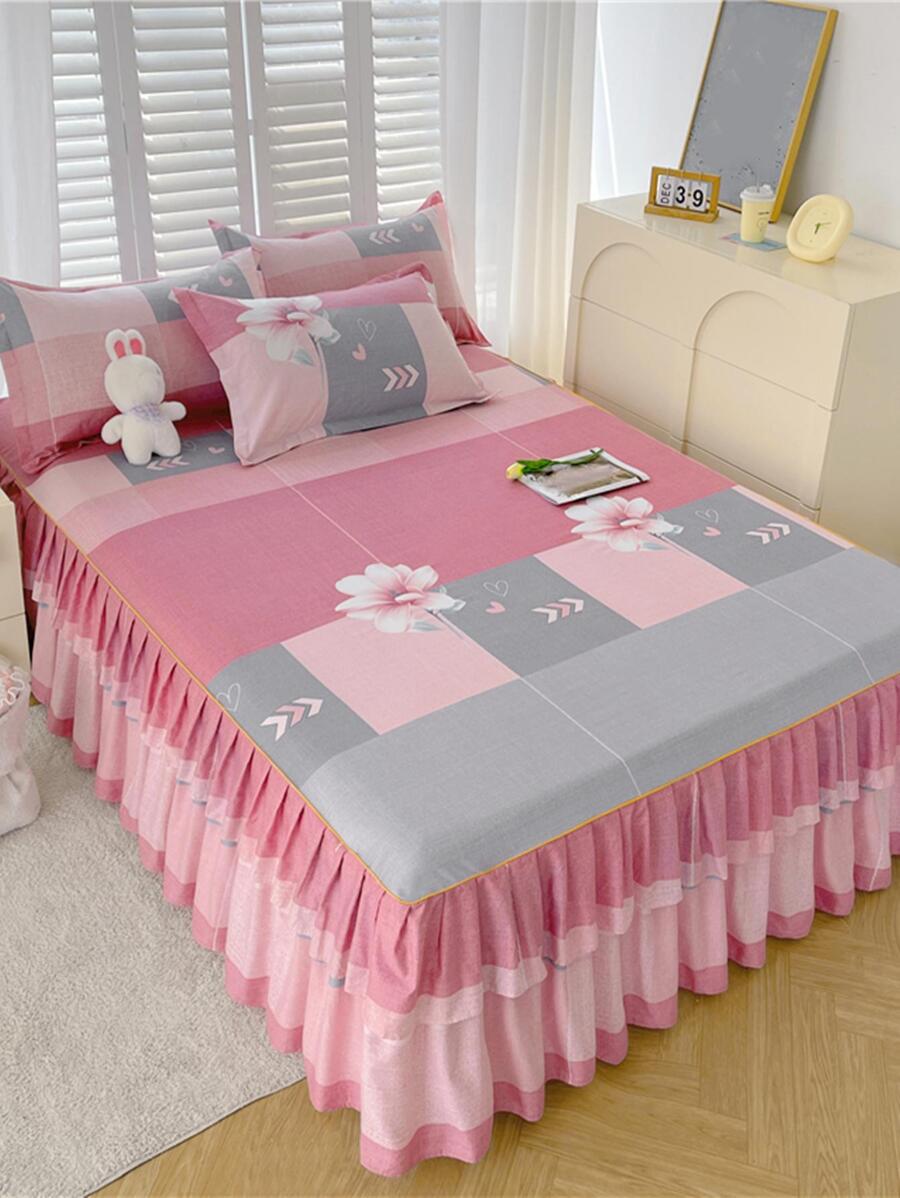 Printed Pattern Double Layer Lace Edge Thickened Brushed Bed Skirt - Multicolor - View 1