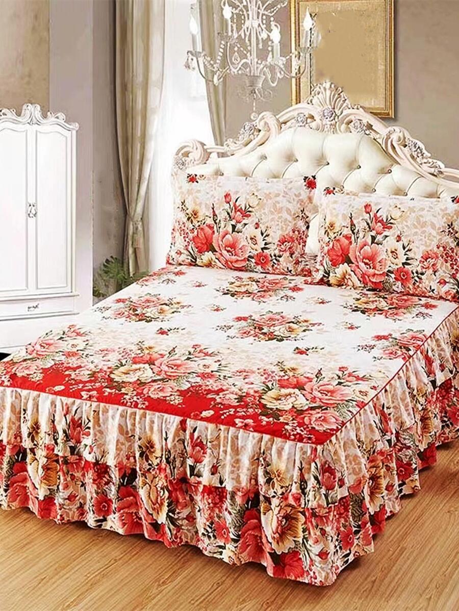 Printed Pattern Double-layered Lace Trimmed Thicker Flannel Bed Skirt