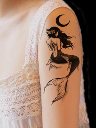 1 Pieza Pegatina De Tatuaje Elegante Reforzada A Prueba De Agua Con Diseño De Princesa Sirena De Luna En La Mitad Del Brazo, Simulación De Tattoo De Larga Duración Antitranspirante Y Anti-eliminación De Celebridad En Internet