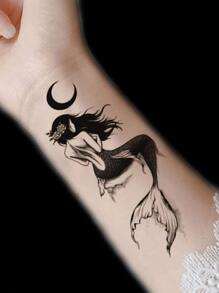 月球人魚公主潮流刺青貼紙,加強防水半臂紋身貼紙,持久的網紅模擬防汗和防脫落刺青貼紙1片 - 黑色 - 查看 2