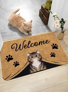 1 pieza de Tapete antideslizante con diseño gráfico de gato y letra, decoración de habitación - Multicolor - Ver 4