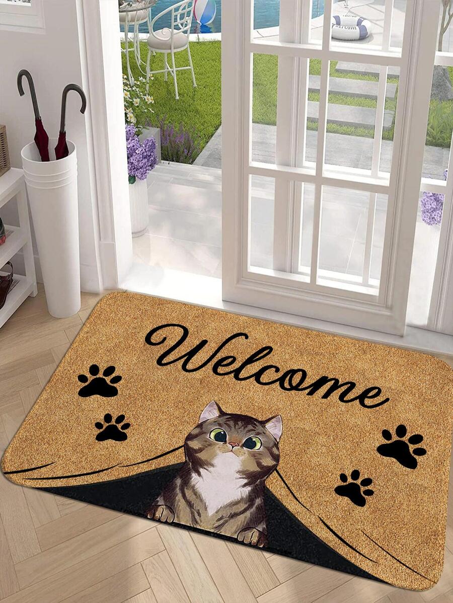 1 pieza de Tapete antideslizante con diseño gráfico de gato y letra, decoración de habitación - Multicolor - Ver 1