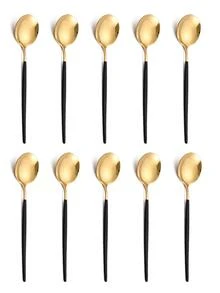 16入組豪華黑色和金色簇擁的優雅餐具組,包括刀、叉、湯匙、茶匙