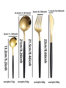 16入組豪華黑色和金色簇擁的優雅餐具組,包括刀、叉、湯匙、茶匙