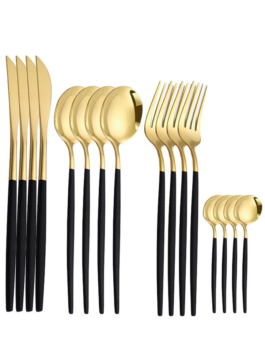 16入組豪華黑色和金色簇擁的優雅餐具組,包括刀、叉、湯匙、茶匙
