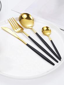 16入組豪華黑色和金色簇擁的優雅餐具組,包括刀、叉、湯匙、茶匙