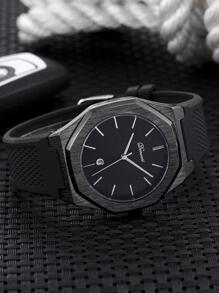 1pc Black TPU Strap Fashion Glow In The Dark Waterproof Calendar Polygon Dial Quartz Watch, For Daily Decoration