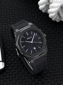 1pc Black TPU Strap Fashion Glow In The Dark Waterproof Calendar Polygon Dial Quartz Watch, For Daily Decoration