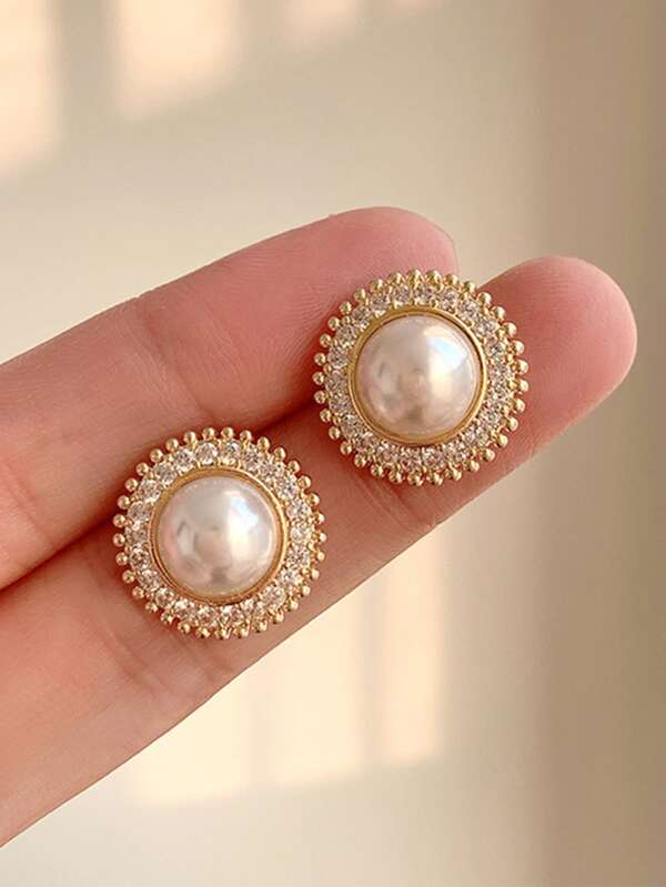 topshiny 1pair Women's Vintage & Elegant Faux Pearl Earrings, Small Round Studs With Sparkling Rhinestones