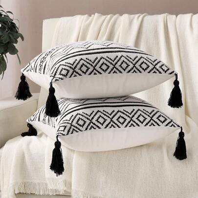 北歐摩洛哥波西米亞風格流蘇靠墊套，黑白幾何圖案提花客廳和沙發枕套，45x45 厘米/30x50 厘米