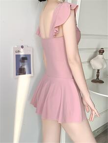 1pc Women's Slimming & Bust Enhancing One-Piece Swimsuit Dress For Summer - Pink - View 4