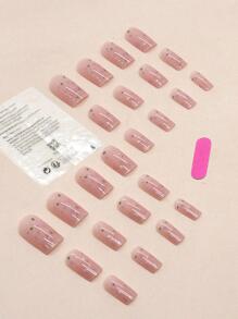 用 24 件淺粉色方形按壓閃亮指甲、短亮片裝飾和銀色閃光設計全罩式假指甲套裝提升您的風格 - 紫色 - 查看 2