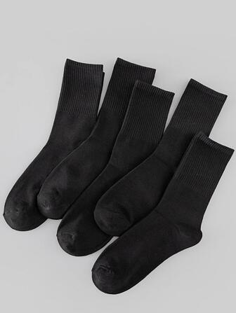 5 Pairs Plain Black Unisex Mid-Calf Socks, Versatile All Season