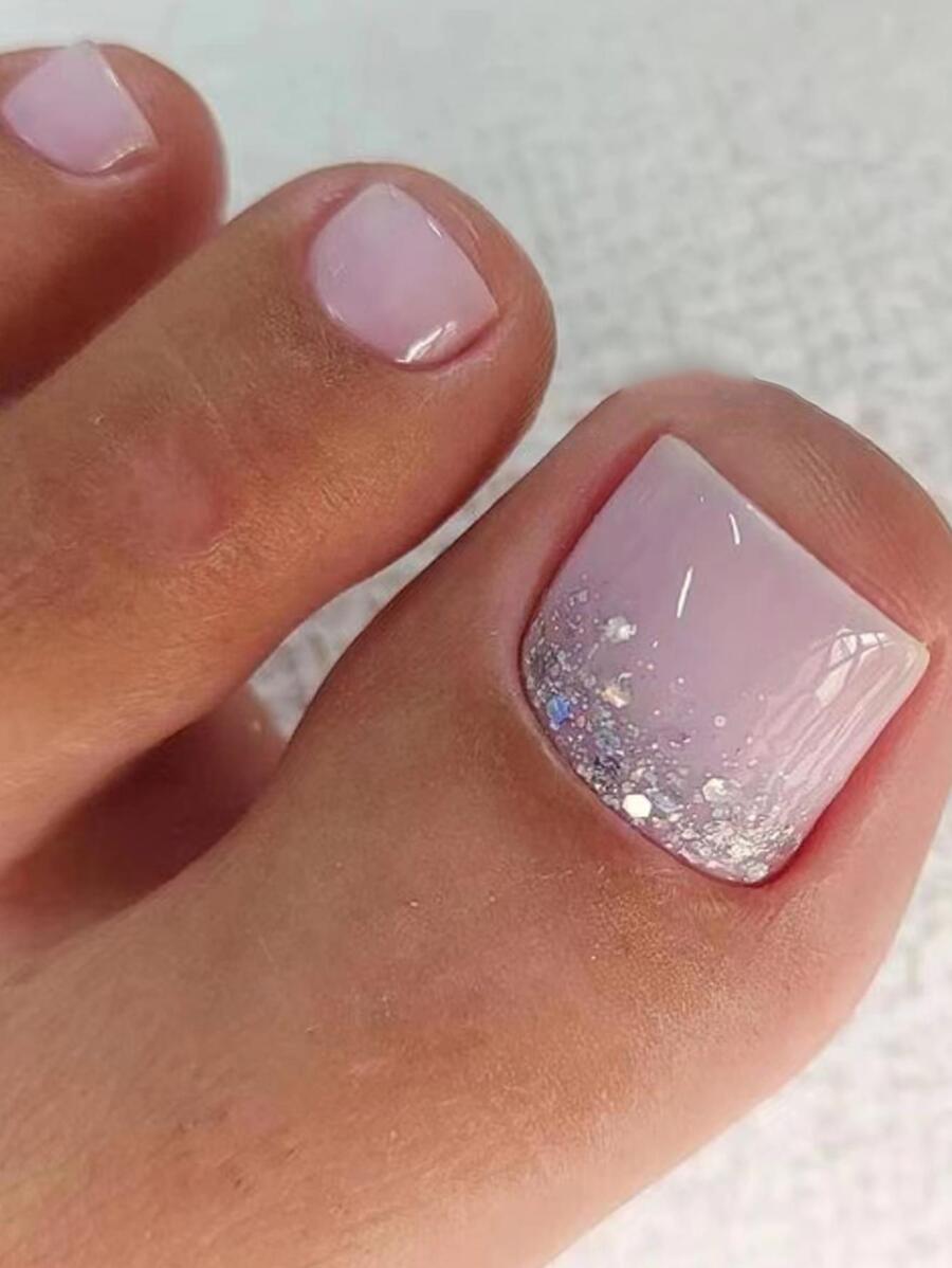 Mejora tu aspecto con el kit de suministros para uñas que incluye 24 piezas de uñas postizas de gel de pedicura con purpurina cuadradas cortas y de cobertura completa uñas falsas uña falsa uña acrílica - Multicolor - Ver 1