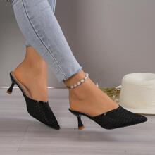 女式透明網眼透氣尖頭粗跟高跟穆勒鞋試衣服