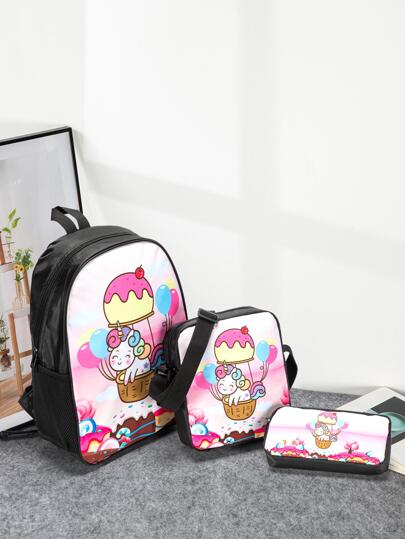 3入組兒童卡通印花聚酯纖維可調肩帶背包套裝,拉鍊閉合,可愛時尚,適用於旅行露營和遊玩