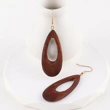 1pair Fashionable Brown Wood Drop Earrings With Simple & Atmospheric Design - Brown - View 4