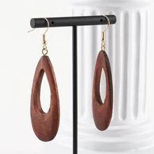 1pair Fashionable Brown Wood Drop Earrings With Simple & Atmospheric Design - Brown - View 3