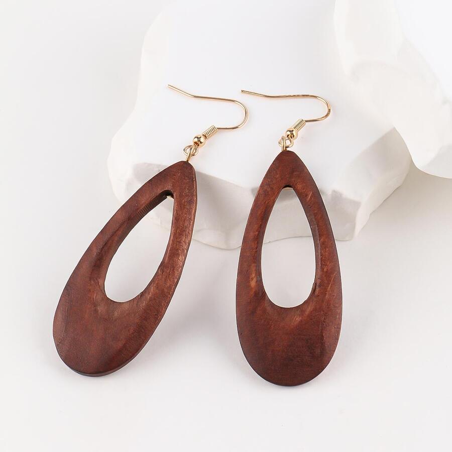 1pair Fashionable Brown Wood Drop Earrings With Simple & Atmospheric Design - Brown - View 1