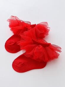 1pair Baby Girls Contrast Mesh Cute Ruffle Frilly Socks For Daily Life - Hot Pink - View 2