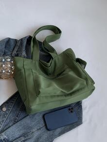 多口袋純色大容量肩袋，時尚簡約，適用於上班、旅遊、學習和購物，多口袋可攜帶布袋。 - 綠色 - 查看 7