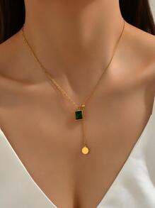 Minimalist Square Green Cubic Zirconia Titanium Steel Necklace - Gold - View 1