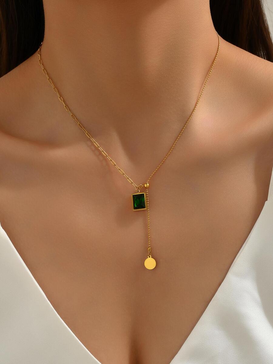 Minimalist Square Green Cubic Zirconia Titanium Steel Necklace - Gold - View 1