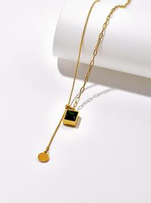 Minimalist Square Green Cubic Zirconia Titanium Steel Necklace - Gold - View 2