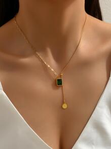 Minimalist Square Green Cubic Zirconia Titanium Steel Necklace - Gold - View 3