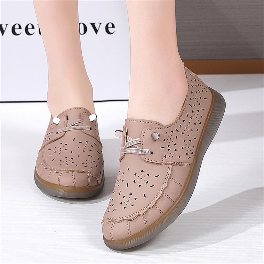 女式新款夏季透氣一腳蹬鏤空平底軟底樂福鞋 - 杏色 - 查看 1