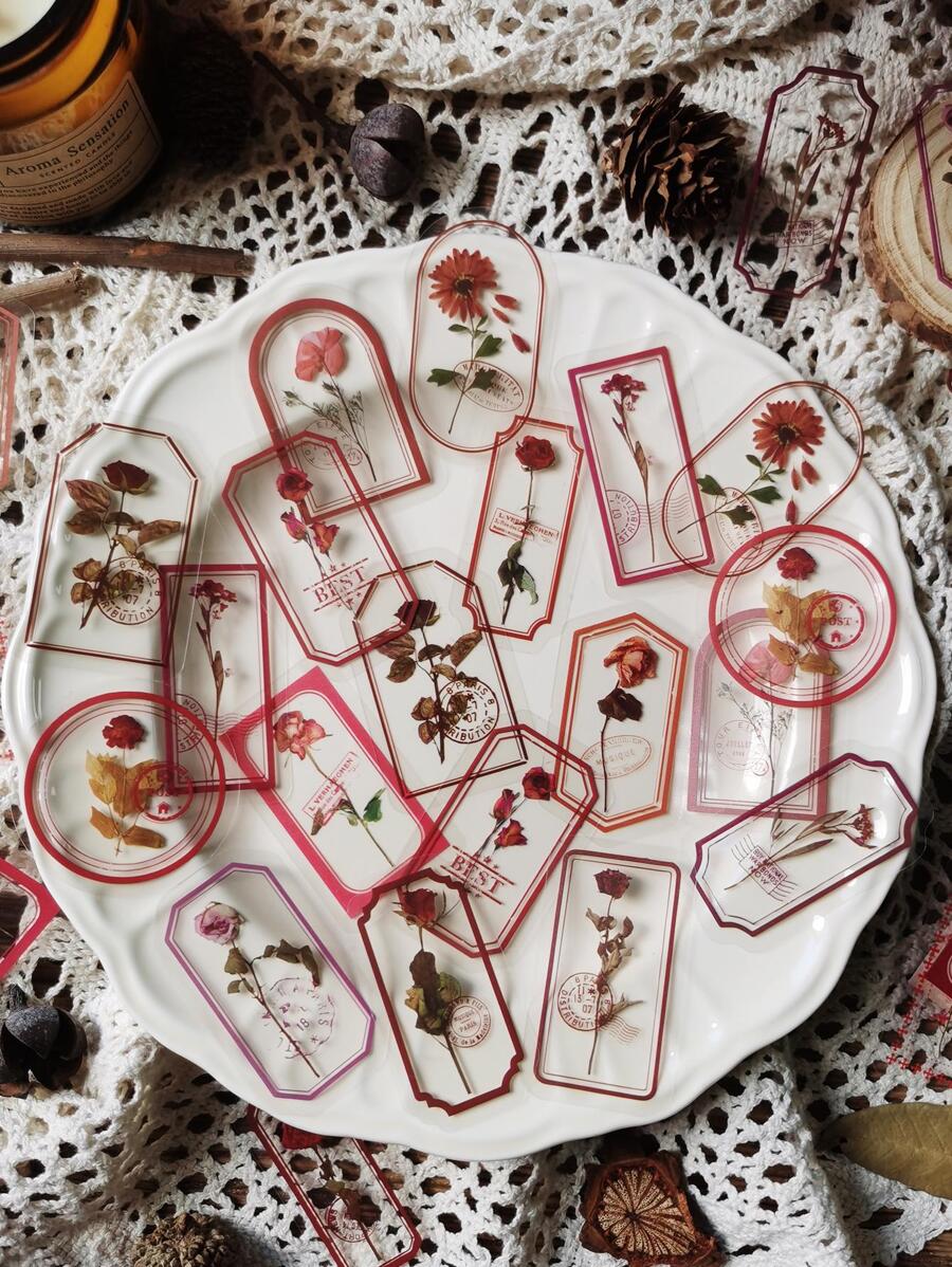 透明植物&花卉圖案貼紙郵票邊寵物裝飾標籤DIY剪貼簿材料貼紙集 - 彩色 - 查看 1