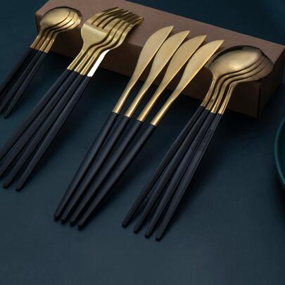16pcs/Set Stainless Steel Cutlery Set, Classic Two Tone Tableware Cutlery Set For Dining Room ,Kitchen,Christmas Gift